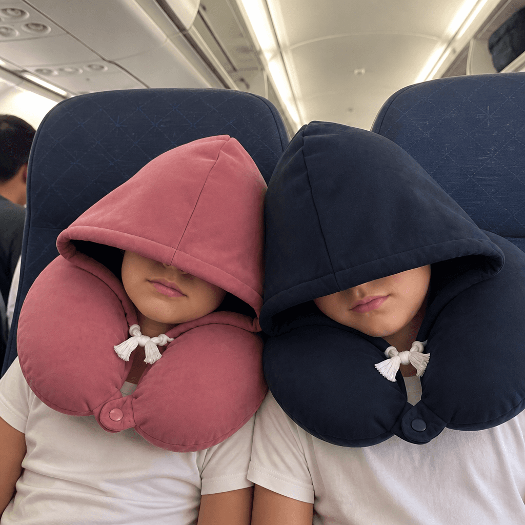 A brother and sister asleep side by side, heads tipped toward each other, one rose and one navy Snug Hood.