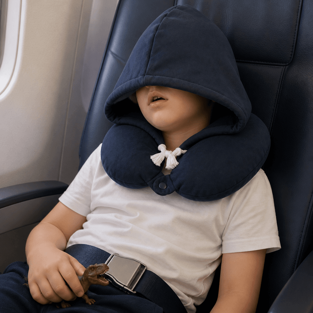 Close-up of a boy completely asleep in his airplane seat, the navy Snug Hood hood pulled down over his eyes, toy dinosaur in his hand.