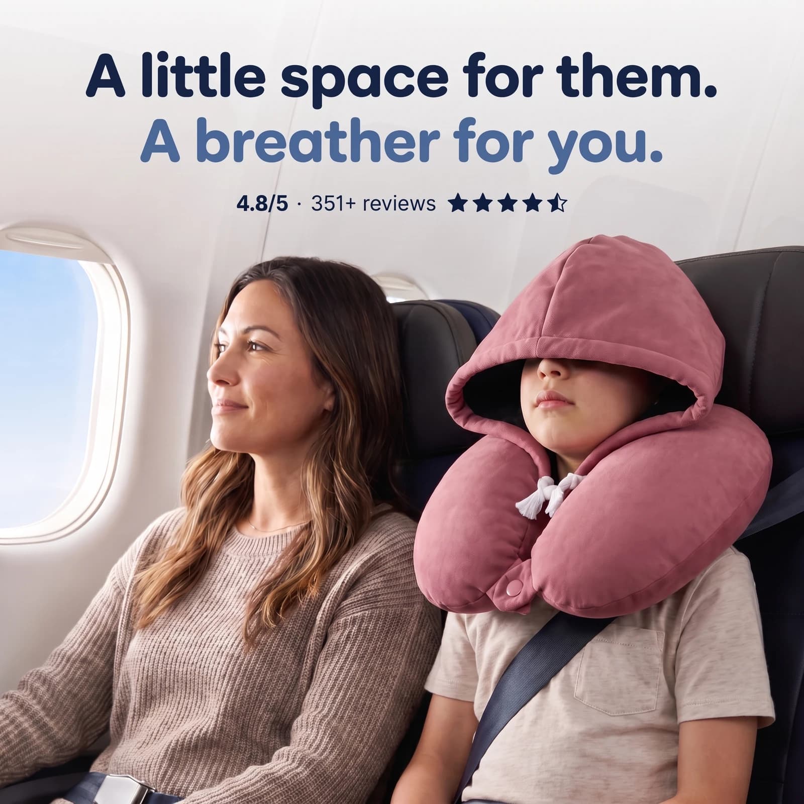 A little space for them. A breather for you. Generated campaign scene of a child wearing the Dusty Rose Snug Hood beside a parent reading on an airplane.